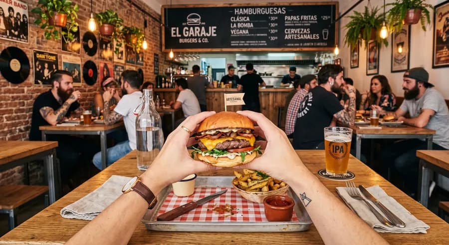 Mesa de un bar con gente comiendo hamburguesas
